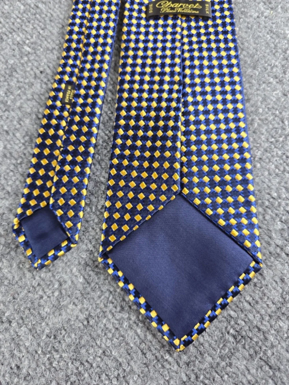 Charvet Place Vendôme Silk Tie Geometric Blue Gold Diamond Woven France